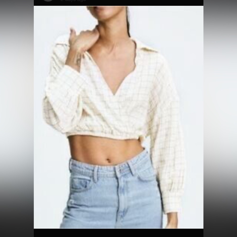 Zara Cream Plaid Crop Top blouse wrap style small🛍Bundle sale🛍